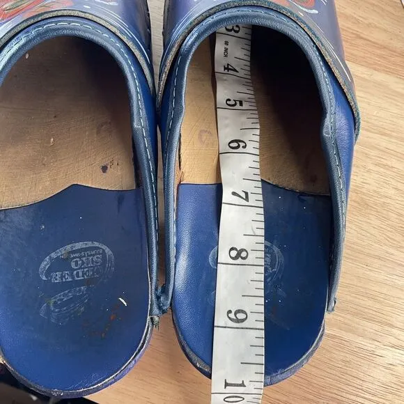 Vtg Swedish Wooden Clogs Women’s Size 7 (37) Blue Leather Handmade