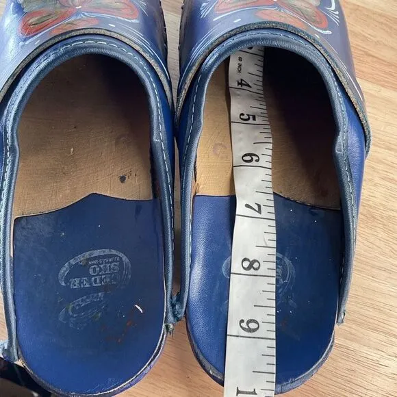 Vtg Swedish Wooden Clogs Women’s Size 7 (37) Blue Leather Handmade