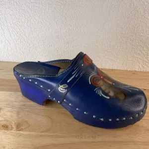 Vtg Swedish Wooden Clogs Women’s Size 7 (37) Blue Leather Handmade