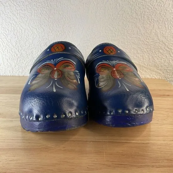 Vtg Swedish Wooden Clogs Women’s Size 7 (37) Blue Leather Handmade