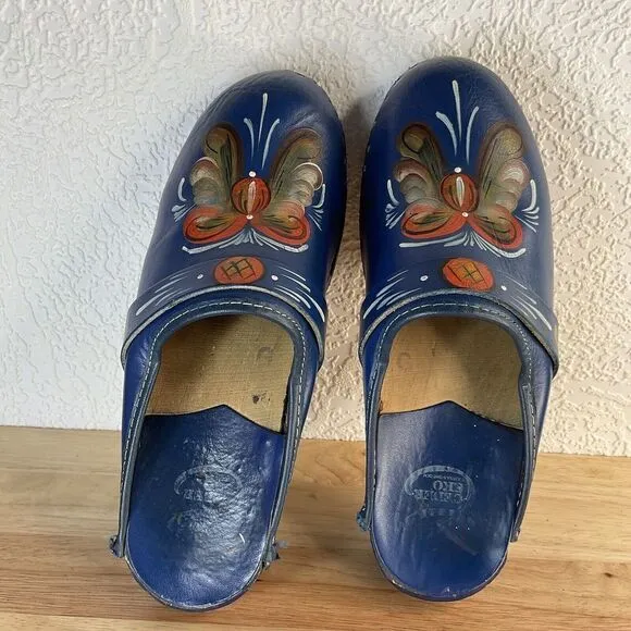 Vtg Swedish Wooden Clogs Women’s Size 7 (37) Blue Leather Handmade