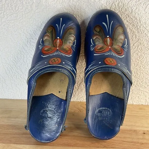 Vtg Swedish Wooden Clogs Women’s Size 7 (37) Blue Leather Handmade