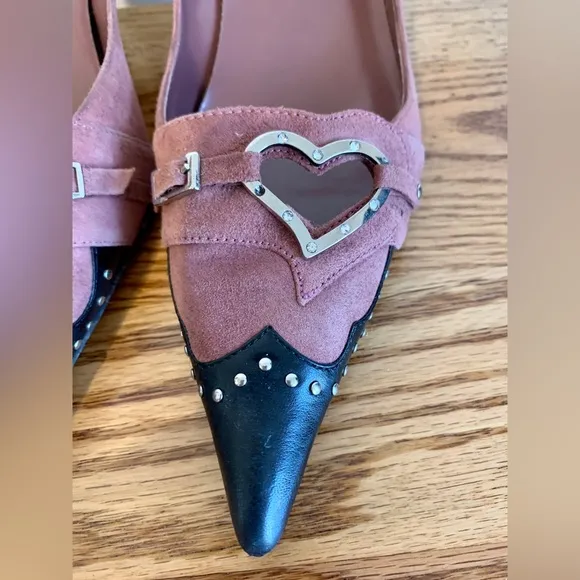 VTG y2k Steve Madden Kitten Heels Leather Suede Pink Stud Heart 9 Point Buckle
