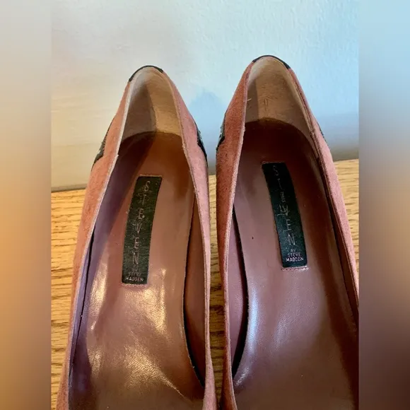 VTG y2k Steve Madden Kitten Heels Leather Suede Pink Stud Heart 9 Point Buckle