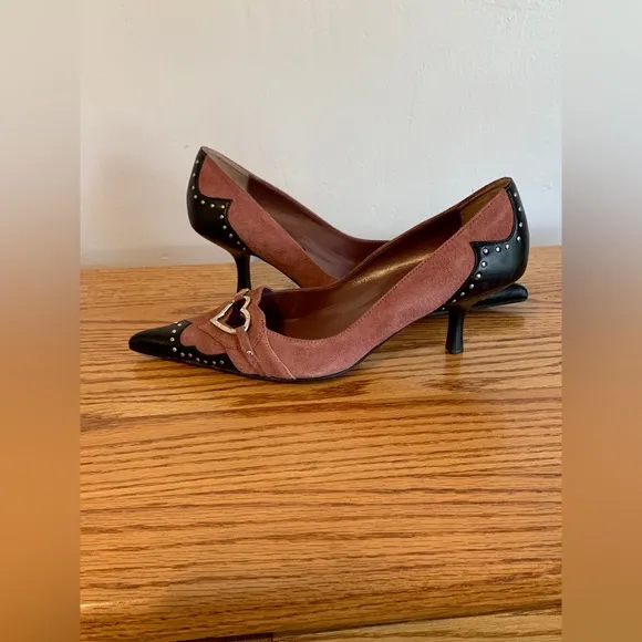 VTG y2k Steve Madden Kitten Heels Leather Suede Pink Stud Heart 9 Point Buckle