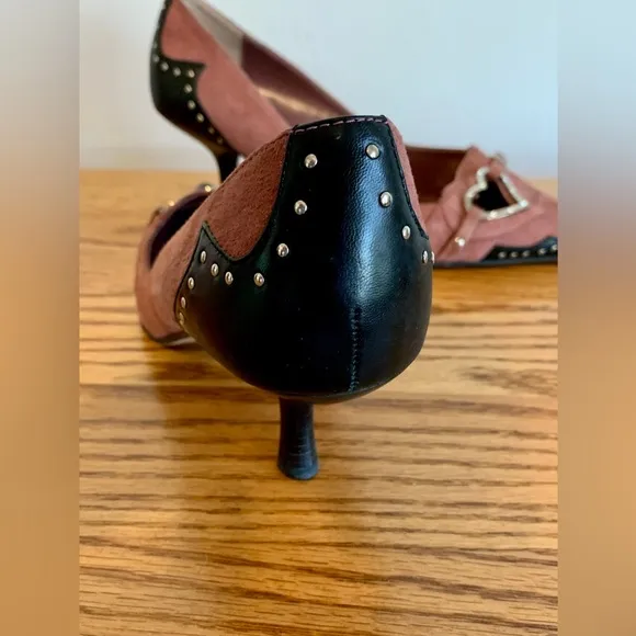 VTG y2k Steve Madden Kitten Heels Leather Suede Pink Stud Heart 9 Point Buckle