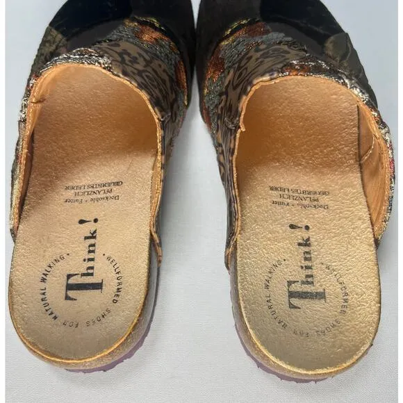 VTG Y2K Think! Size 5.5US 36EU Velvet Brocade Patchwork Clogs Slide Shoe Comfort