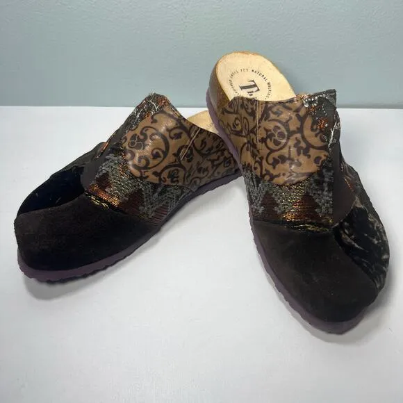 VTG Y2K Think! Size 5.5US 36EU Velvet Brocade Patchwork Clogs Slide Shoe Comfort