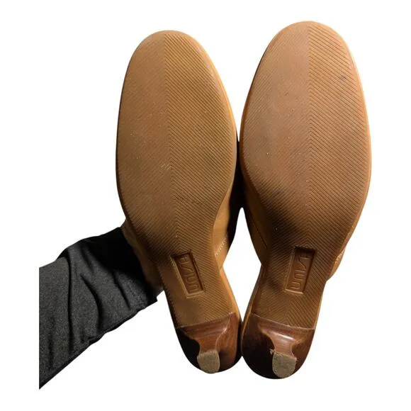 Vtg Y2K Unisa Prim Tan Leather Open Back Bow Kitten Heel Mule Slides Sz 7.5