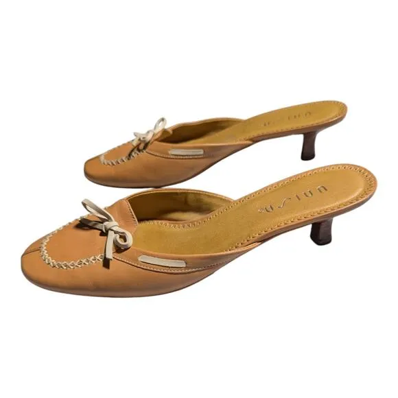 Vtg Y2K Unisa Prim Tan Leather Open Back Bow Kitten Heel Mule Slides Sz 7.5