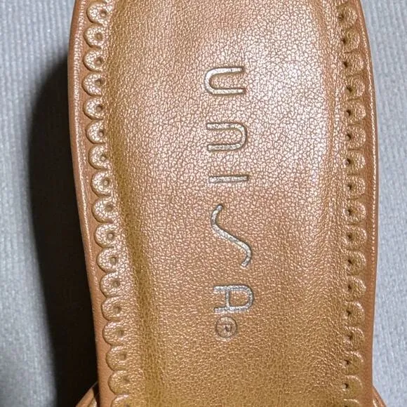 Vtg Y2K Unisa Prim Tan Leather Open Back Bow Kitten Heel Mule Slides Sz 7.5