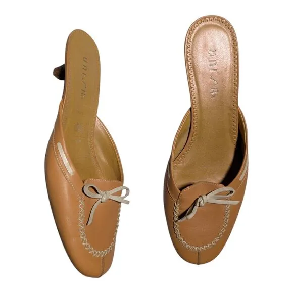 Vtg Y2K Unisa Prim Tan Leather Open Back Bow Kitten Heel Mule Slides Sz 7.5