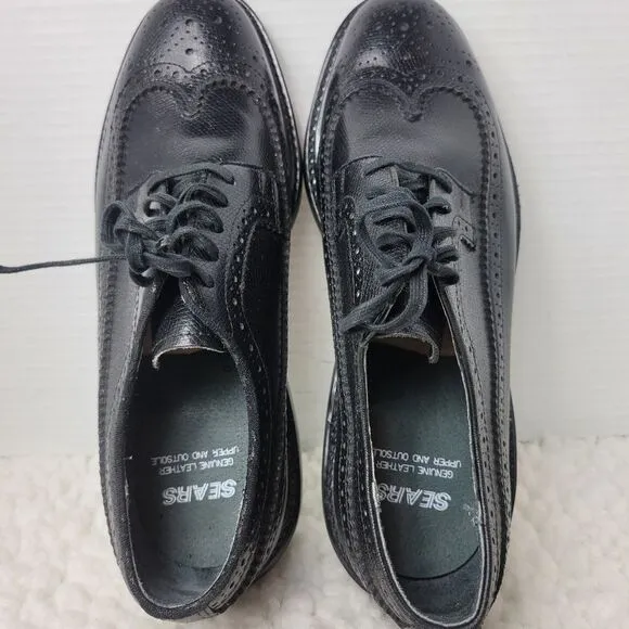 Vtg 90's Sears Oxfords Shoes Mens Size 8Ee Black Leather Wingtip Brogue