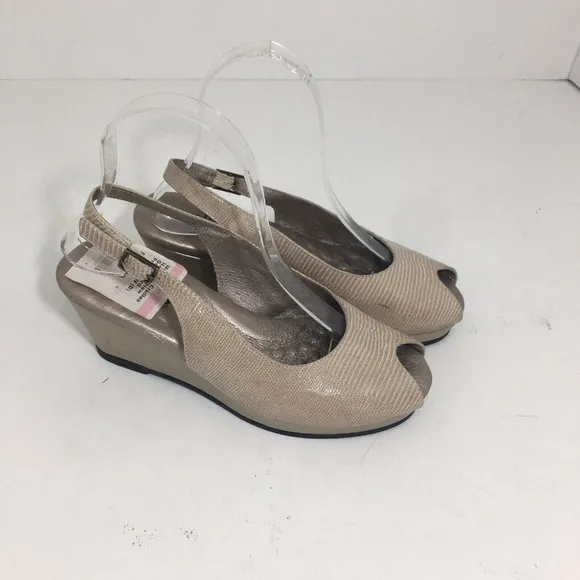 Walking Cradles Natasha Women’s Gold Print Leather Wedge Slingback Heels US 6.5