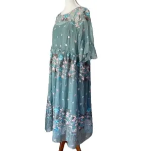 Whimsical Embroidered One Size Plus Size Boho Dress Flare Sleeve Floral XL 1X