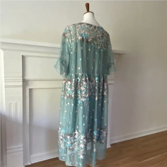 Whimsical Embroidered One Size Plus Size Boho Dress Flare Sleeve Floral XL 1X
