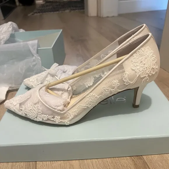 White Lace Kitten Heel Pumps for Weddings