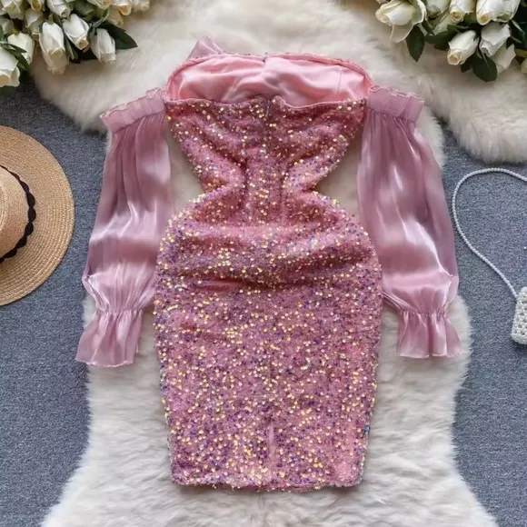 Women Chic Long Sleeves Off Shoulder Sequin Sexy Slim Bodycon Slip Dress