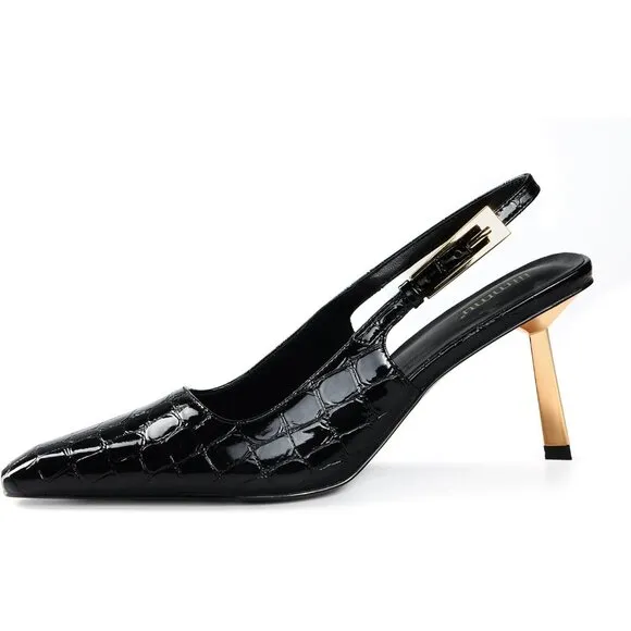 Women Croc Black Closed Toe 3.5 in Kitten Heels Pumps Square Toe Heeled