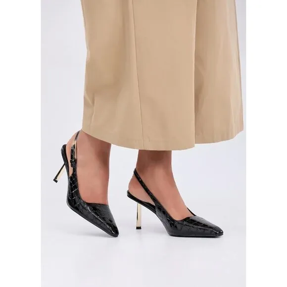 Women Croc Black Closed Toe 3.5 in Kitten Heels Pumps Square Toe Heeled