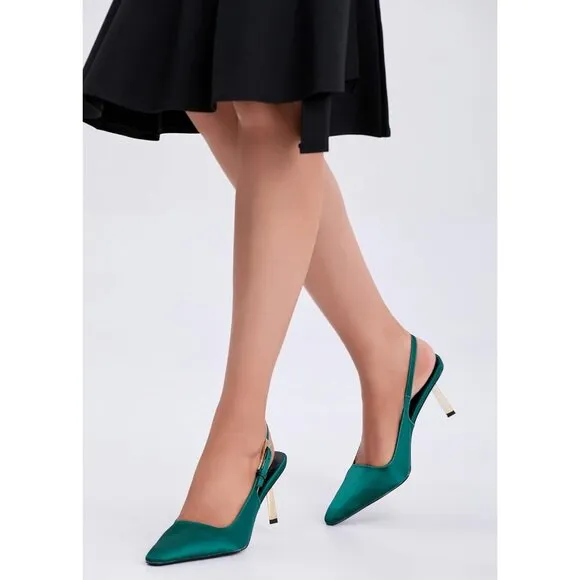 Women Green Closed Toe 3.5 in Kitten Heels Women Pumps Square Toe Sandals
