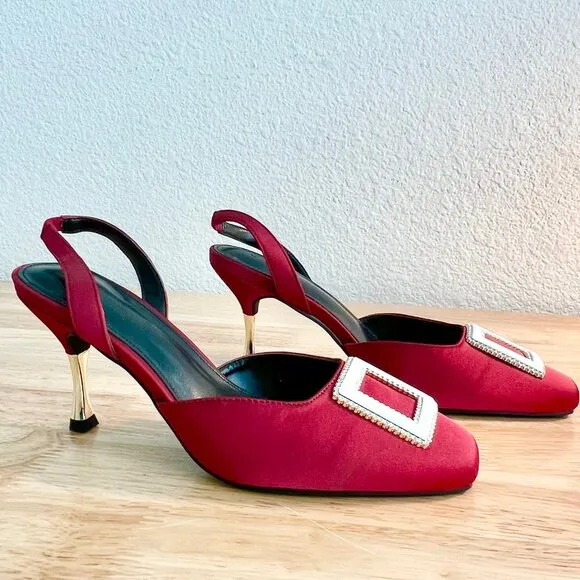 Women's 8US Jewel Tone Red Slingback Square Toe Buckle Embellished Stiletto Heel