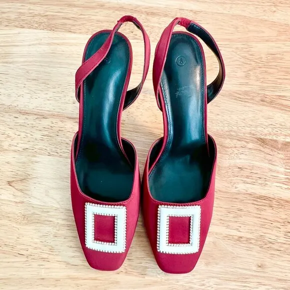Women's 8US Jewel Tone Red Slingback Square Toe Buckle Embellished Stiletto Heel