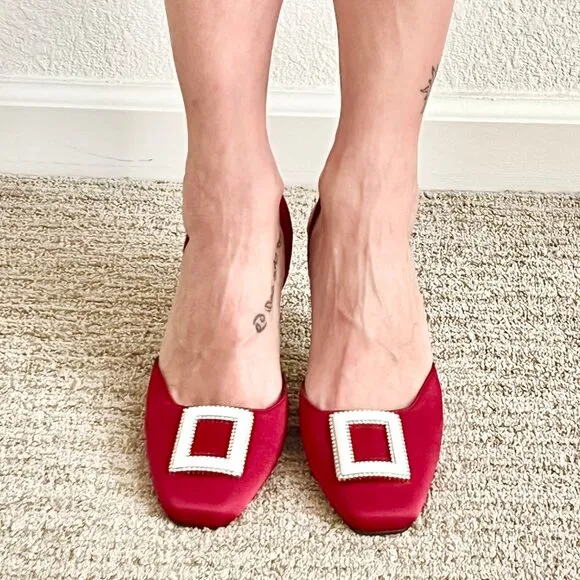 Women's 8US Jewel Tone Red Slingback Square Toe Buckle Embellished Stiletto Heel
