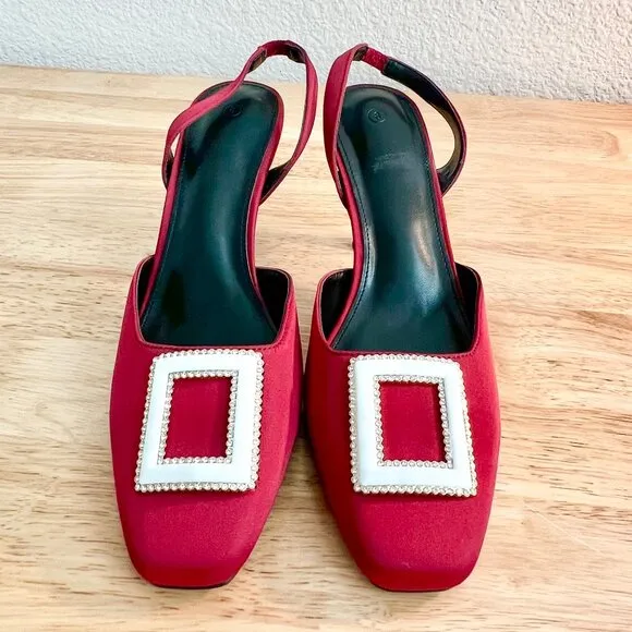 Women's 8US Jewel Tone Red Slingback Square Toe Buckle Embellished Stiletto Heel