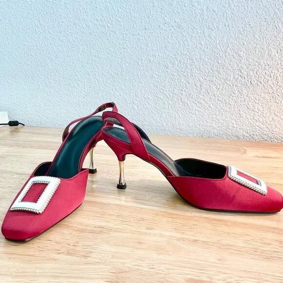 Women's 8US Jewel Tone Red Slingback Square Toe Buckle Embellished Stiletto Heel