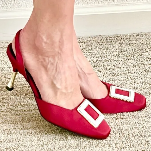 Women's 8US Jewel Tone Red Slingback Square Toe Buckle Embellished Stiletto Heel