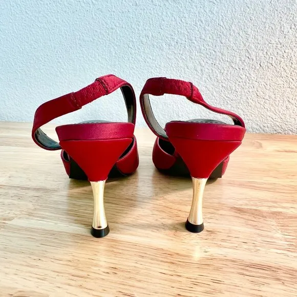 Women's 8US Jewel Tone Red Slingback Square Toe Buckle Embellished Stiletto Heel