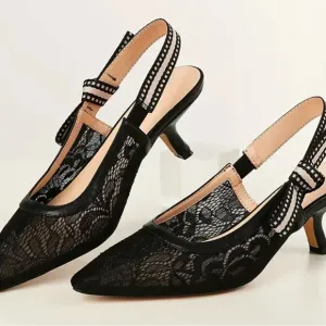 Women's Black Lace Mesh  Heels Pumps Slingback Point Toe Ladies Pumps Elegant