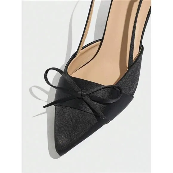 Women's Bow Decor Solid Pointed Toe Slip-On Kitten Heels, Stylish &amp; Comfortable