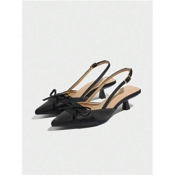 Women's Bow Decor Solid Pointed Toe Slip-On Kitten Heels, Stylish &amp; Comfortable