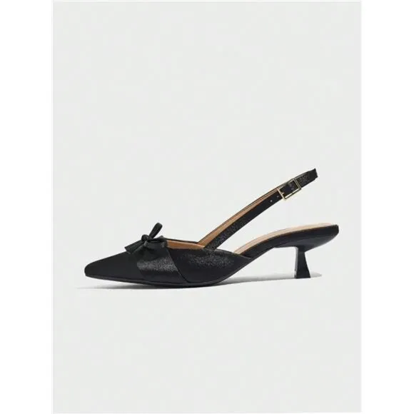 Women's Bow Decor Solid Pointed Toe Slip-On Kitten Heels, Stylish &amp; Comfortable