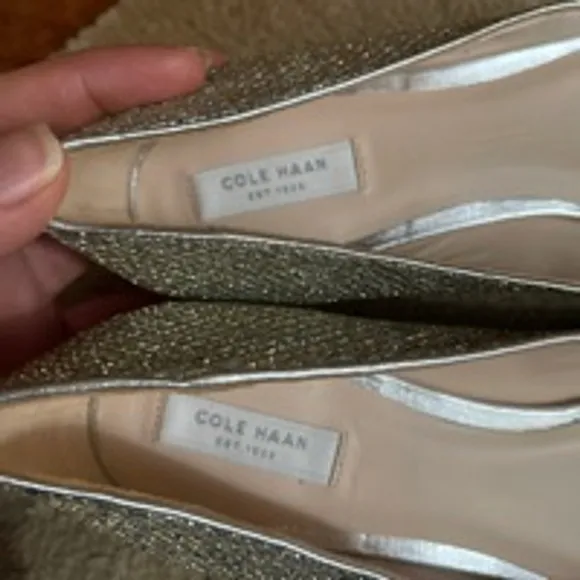 Women's Cole Haan Silver Glitter Pointed Toe Kitten Heel Pumps Size 8B Like New
