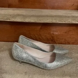 Women's Cole Haan Silver Glitter Pointed Toe Kitten Heel Pumps Size 8B Like New