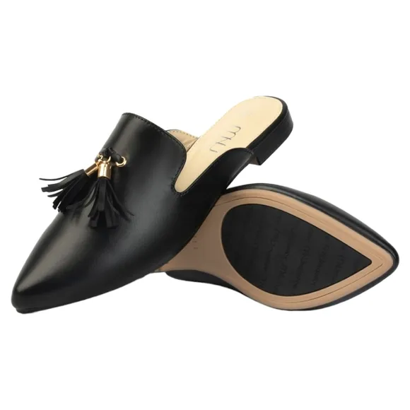 Women's Comfortable Black Pointed Toe Flat Loafer Slip On Mules