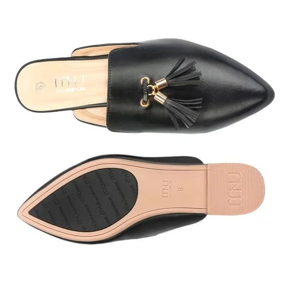 Women's Comfortable Black Pointed Toe Flat Loafer Slip On Mules
