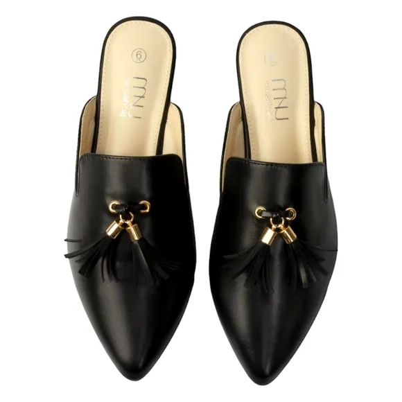 Women's Comfortable Black Pointed Toe Flat Loafer Slip On Mules
