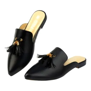 Women's Comfortable Black Pointed Toe Flat Loafer Slip On Mules