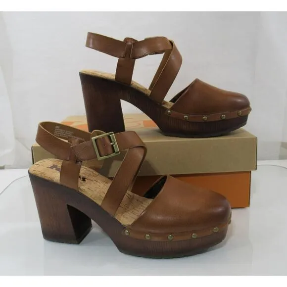 Women's Korks Wendy Cross Strap Studded Platform Heeled Clogs Tan Brown