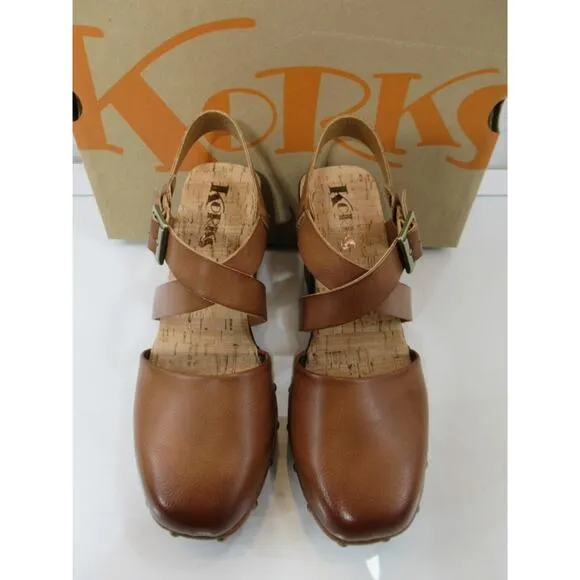 Women's Korks Wendy Cross Strap Studded Platform Heeled Clogs Tan Brown