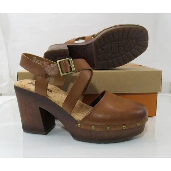 Women's Korks Wendy Cross Strap Studded Platform Heeled Clogs Tan Brown