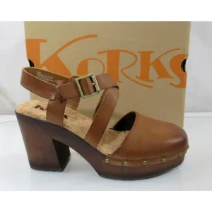 Women's Korks Wendy Cross Strap Studded Platform Heeled Clogs Tan Brown