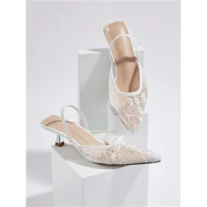 Women's Lace Mesh Cutout Kitten Fashionable Ankle Strap Open-Toe High Heel