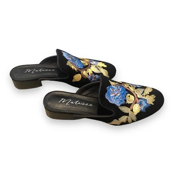 Womens Matisse Bianca Embroidered Suede Black Mules Sz 8 M