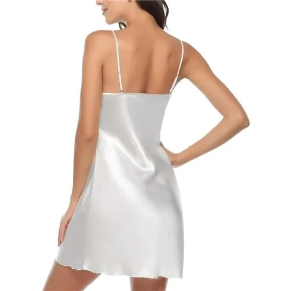 Women's Satin Nightgown Silk Slip Dress Lace Trim-white