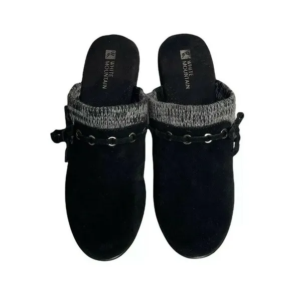 Womens White Mountain Water Resistant Black Suede Clogs with Sweater Collar 6.5